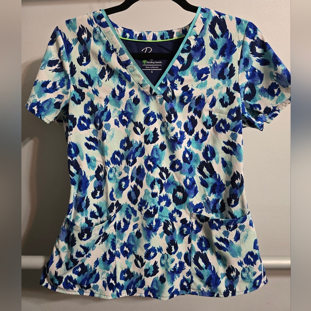 Healing Hands Blue and White Leopard Print Scrub Top